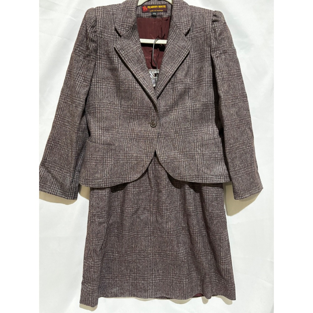 Vintage Peabody House Wool Blend Tweed Blazer Skirt Suit Women 11/12 Mauve Gray‎